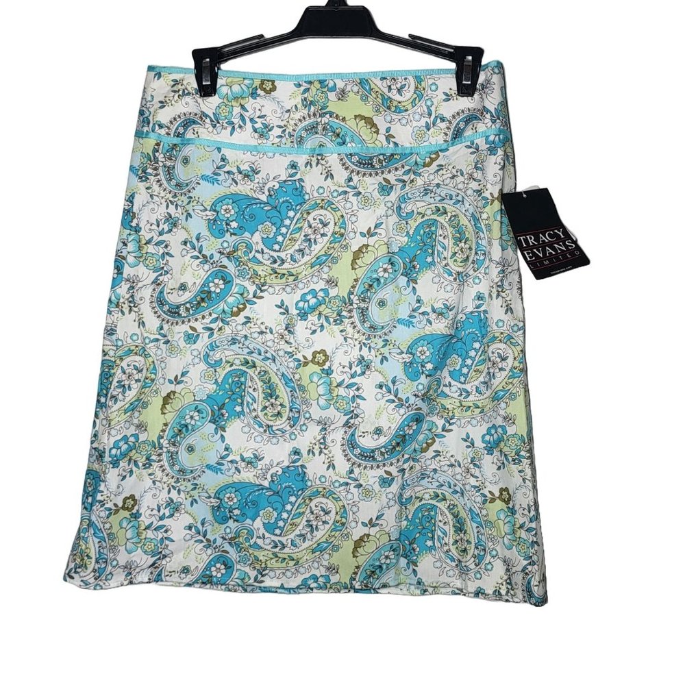 NWT Tracy Evans Juniors Blue‎ and Green Pastel Paisley Midi Skirt Size 7 90s Y2K